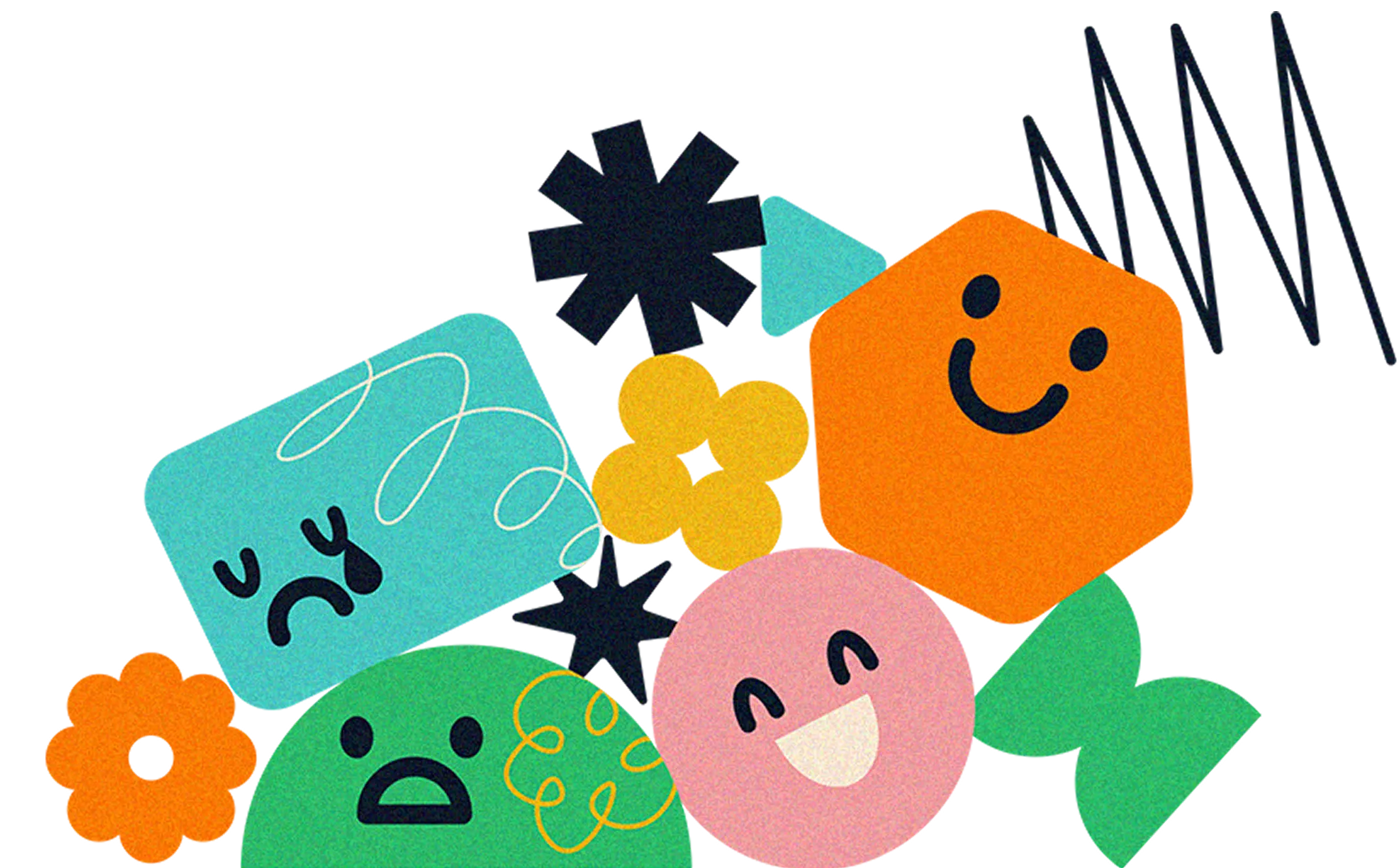 Abstract shapes and happy faces representing well-being