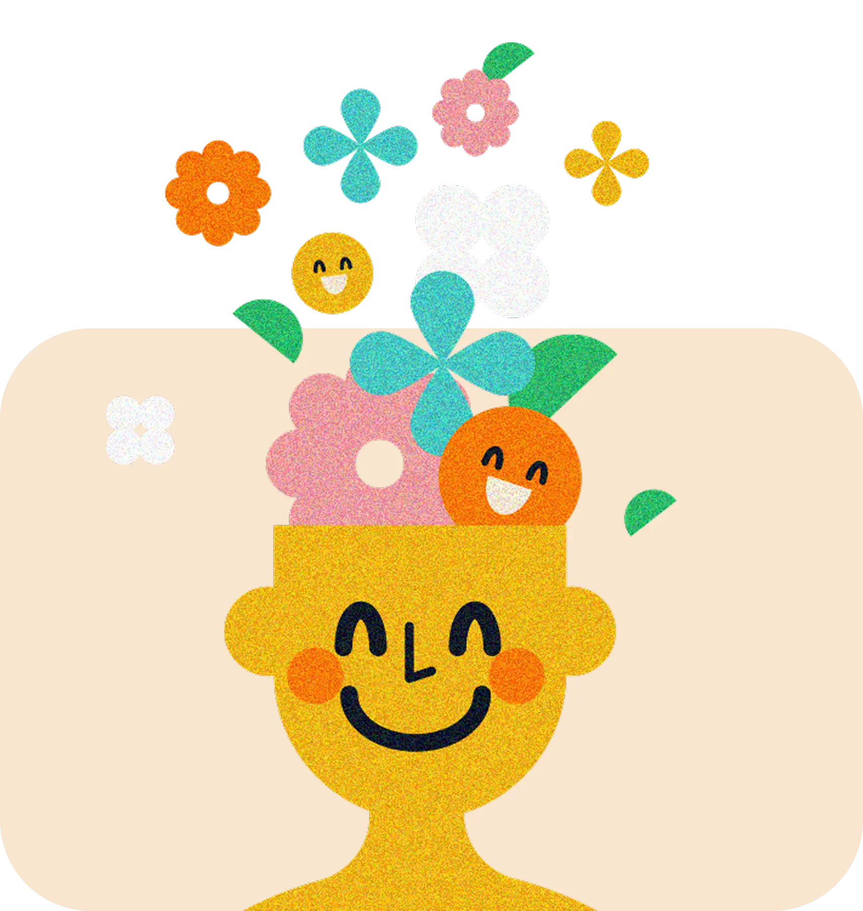 Illustration of a head with flowers and smiling faces